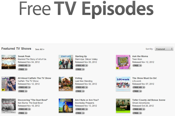 Screenshot of the Free TV Shows on iTunes page